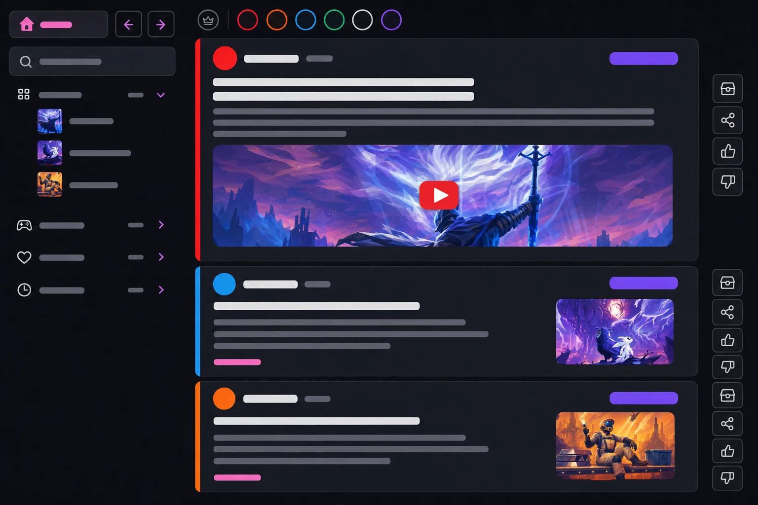 Illustration of the Loot feed: news cards from YouTube, Steam and Reddit for the games you follow